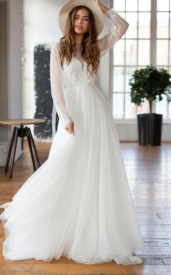 Buyishang Elegant A Line Chiffon Bateau Long Sleeve Wedding Dress with Beading