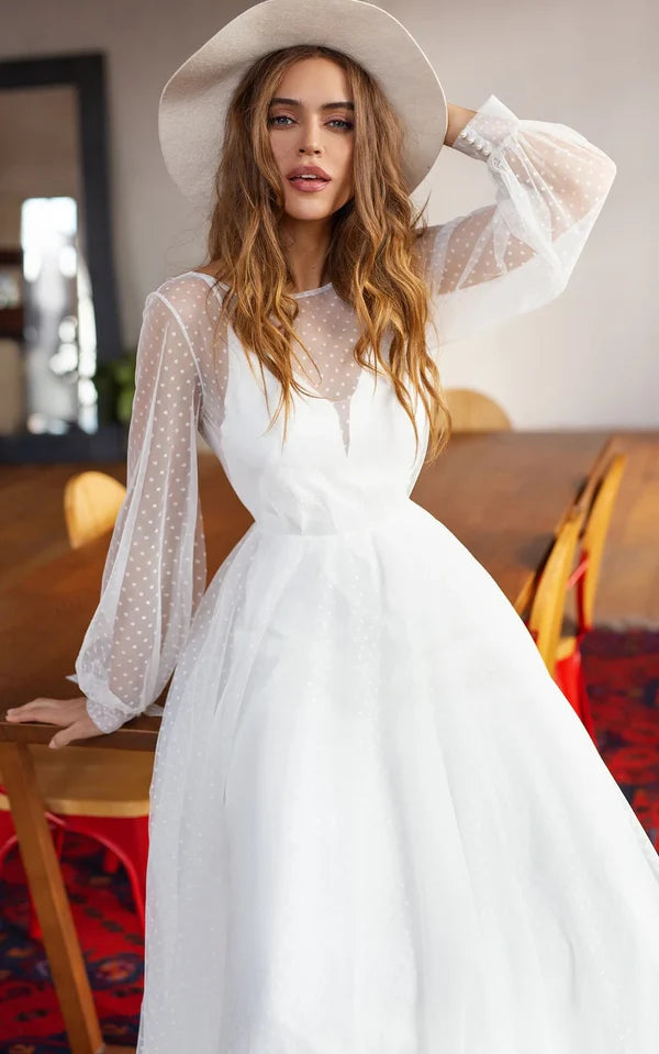 Buyishang Elegant A Line Chiffon Bateau Long Sleeve Wedding Dress with Beading