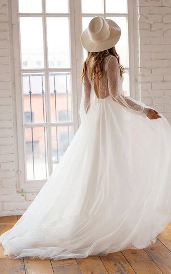 Buyishang Elegant A Line Chiffon Bateau Long Sleeve Wedding Dress with Beading