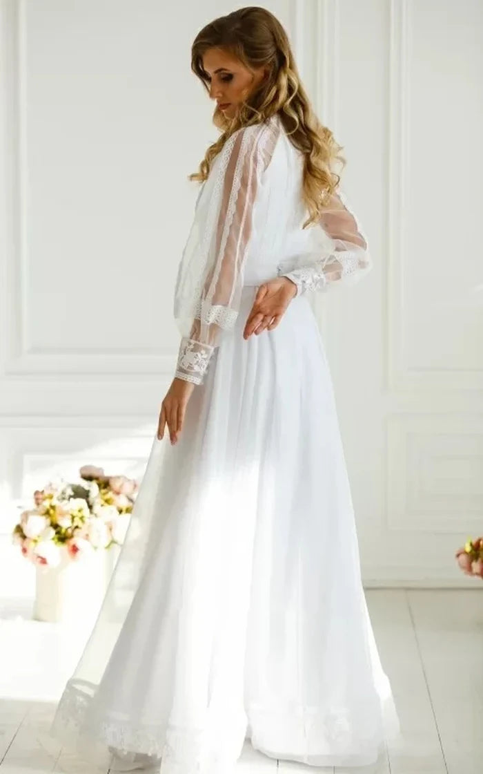 Buyishang Elegant Floor-length Long Sleeve Chiffon A Line Zipper Wedding Dress with Ruching