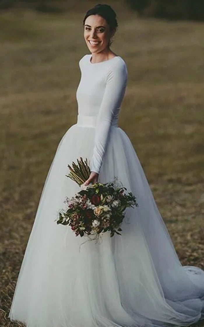 Buyishang Elegant Long Sleeve Fitted Modest Jersey And Tulle Wedding Dress