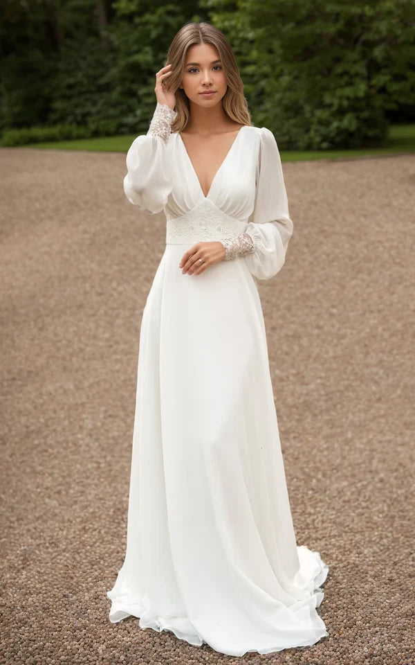 Buyishang A-Line Floor Chiffon Long Sleeve Wedding Dress with Sequins and Train