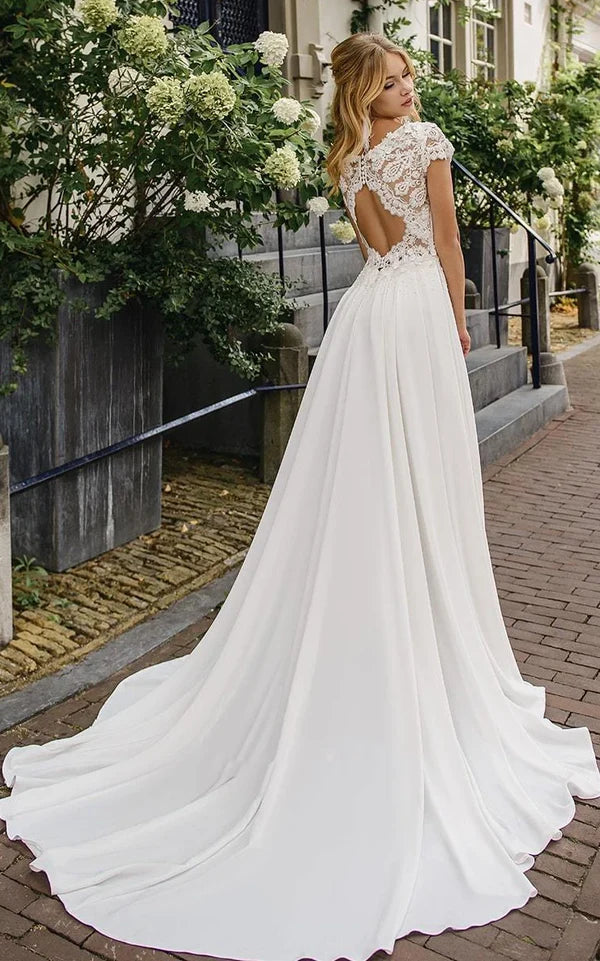 Buyishang Elegant Satin and Lace Bateau A Line Court Train Wedding Dress with Ruching