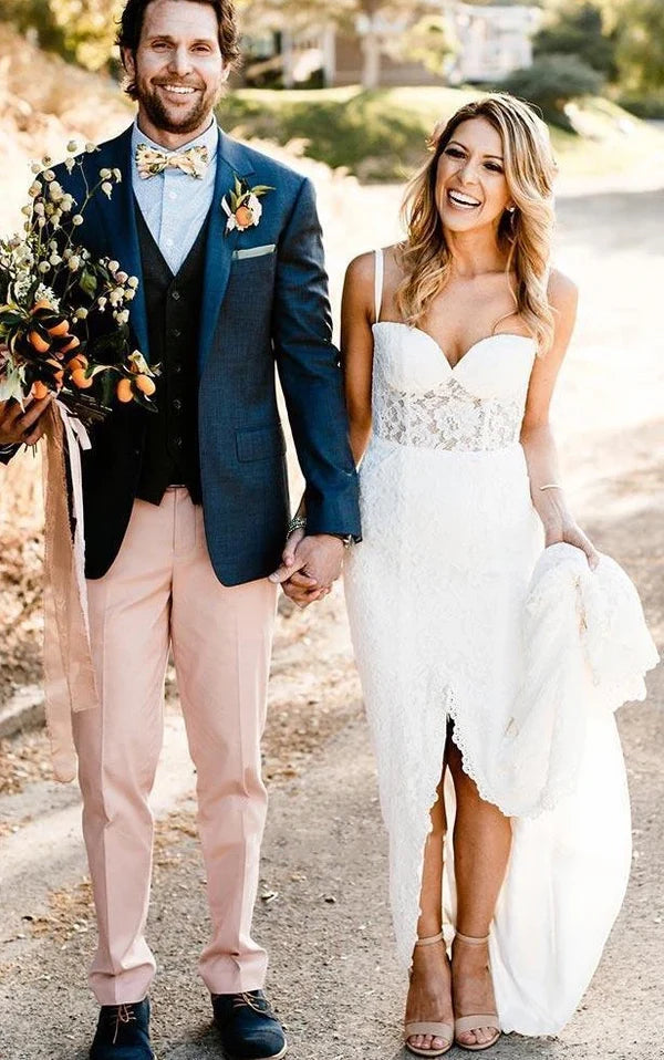 Buyishang Elegant Mermaid Lace Spaghetti Sweetheart Sleeveless Wedding Dress With Split Front