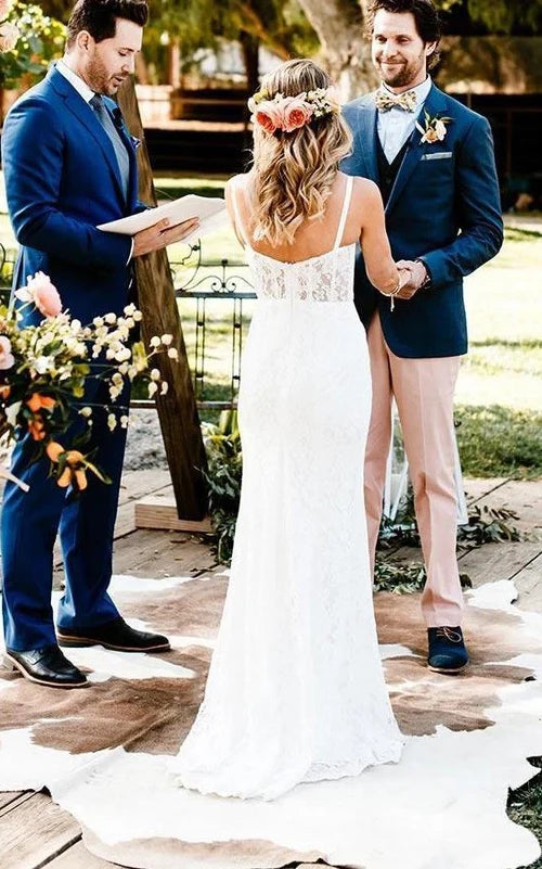 Buyishang Elegant Mermaid Lace Spaghetti Sweetheart Sleeveless Wedding Dress With Split Front