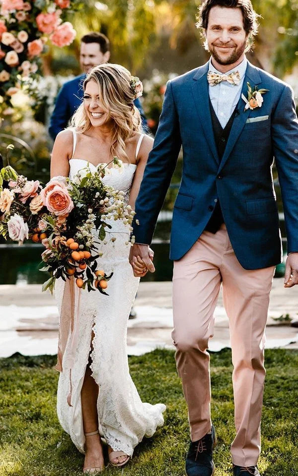 Buyishang Elegant Mermaid Lace Spaghetti Sweetheart Sleeveless Wedding Dress With Split Front