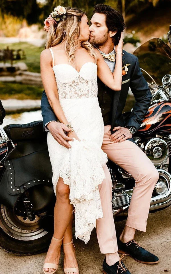 Buyishang Elegant Mermaid Lace Spaghetti Sweetheart Sleeveless Wedding Dress With Split Front