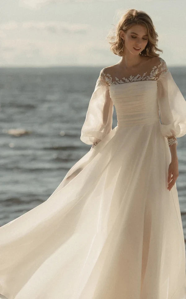 Buyishang Elegant Simple Beach A-Line Lace Organza Floor Zipper Low-V BackWedding Dress with Sheer Sleeve