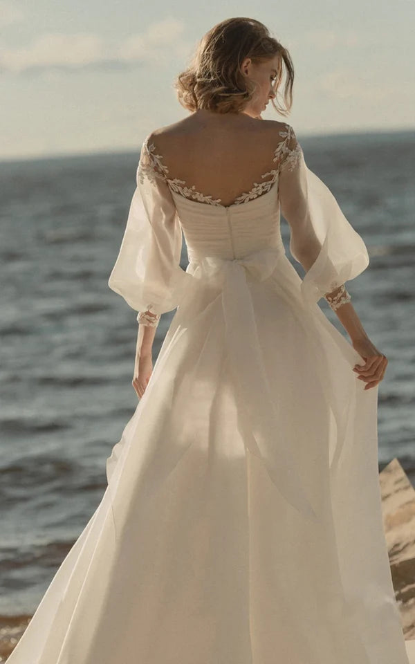 Buyishang Elegant Simple Beach A-Line Lace Organza Floor Zipper Low-V BackWedding Dress with Sheer Sleeve