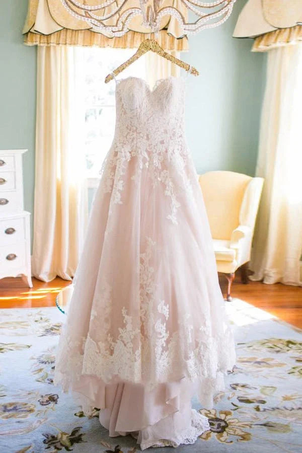 Buyishang Elegant Vintage A-Line Boho Lace Pink Wedding Dress Unique Western Floral Blush Sweeheart Bridal Gown with Appliques