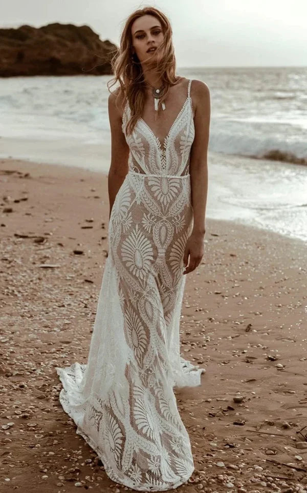 Buyishang Beach Floral Mermaid Plunging Boho Lace Wedding Dress with Sweep Train