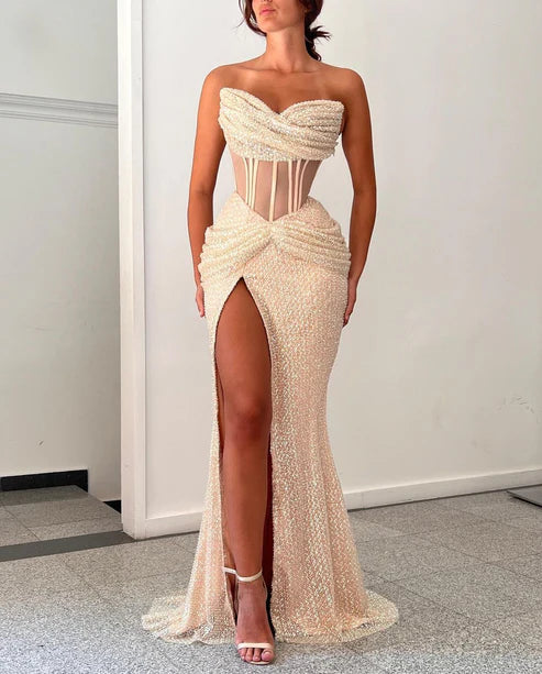 Attractive Strapless Beaded Embroidery Champagne Prom Dress Evening Dress