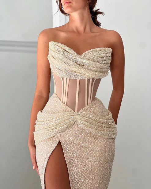 Attractive Strapless Beaded Embroidery Champagne Prom Dress Evening Dress