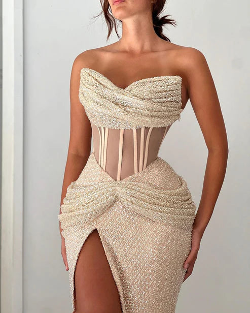 Attractive Strapless Beaded Embroidery Champagne Prom Dress Evening Dress