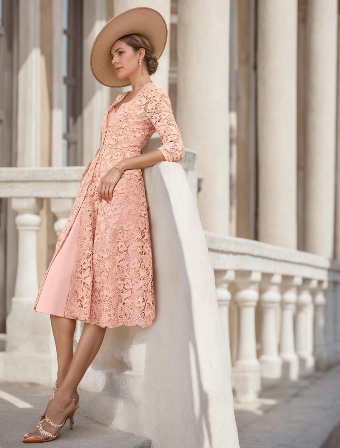 Buyishang A-Line Mother of the Bride Dress Elegant V Neck Tea Length Lace Half Sleeve with Lace free custom size