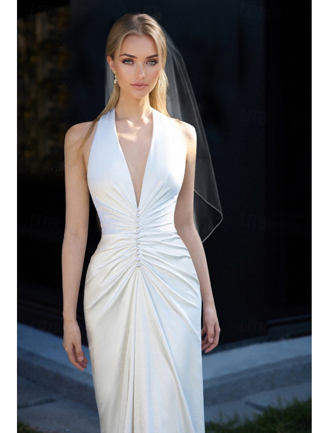 Buyishang Mermaid / Trumpet Prom Dresses Elegant Dress Wedding Sweep / Brush Train Sleeveless V Neck Chiffon Satin with Pearls