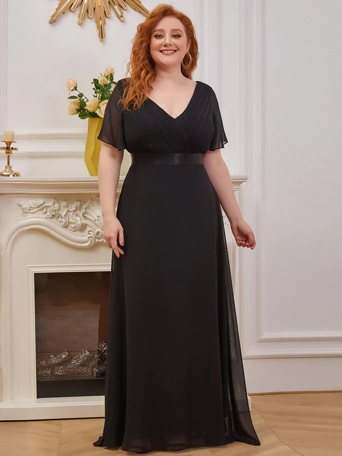 Plus Size Empire Waist V Back Bridesmaid Dress with Short Sleeves/Evening Dresses