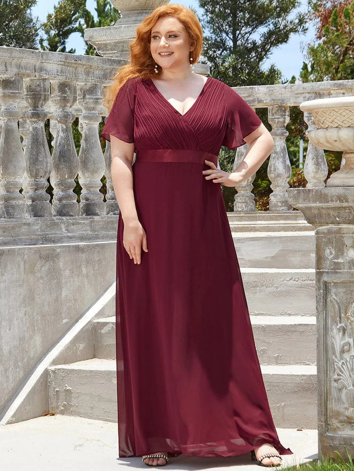 Plus Size Empire Waist V Back Bridesmaid Dress with Short Sleeves/Evening Dresses