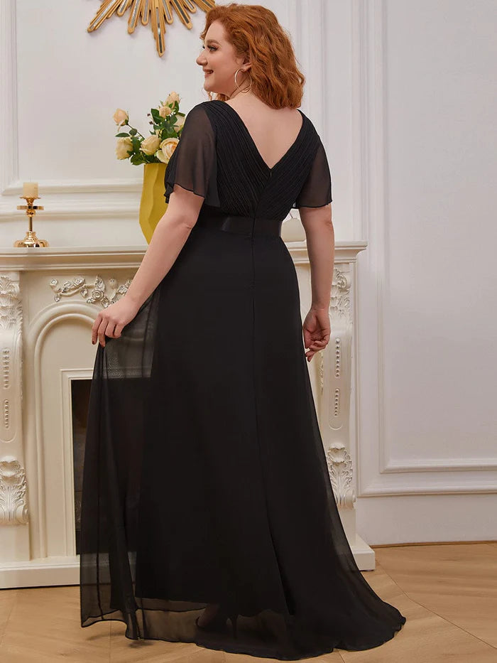 Plus Size Empire Waist V Back Bridesmaid Dress with Short Sleeves/Evening Dresses