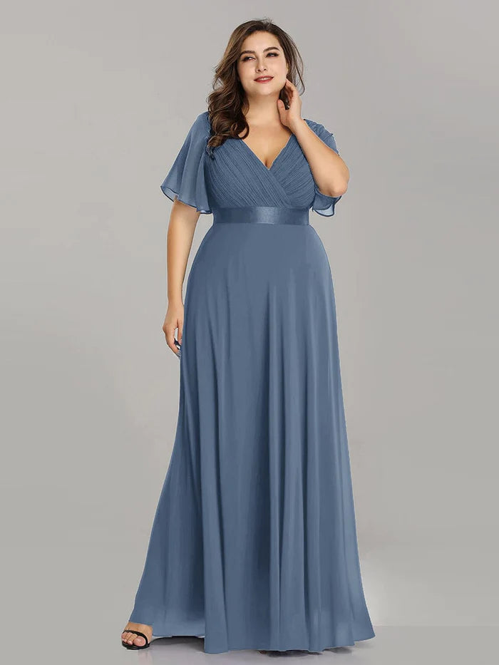 Plus Size Empire Waist V Back Bridesmaid Dress with Short Sleeves/Evening Dresses