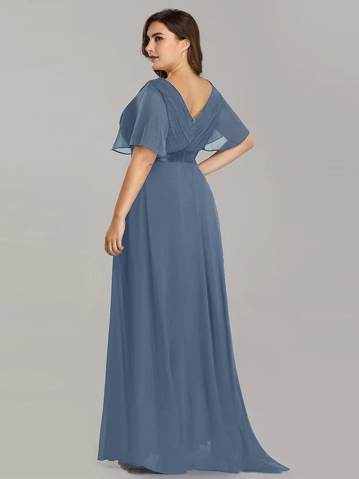 Plus Size Empire Waist V Back Bridesmaid Dress with Short Sleeves/Evening Dresses