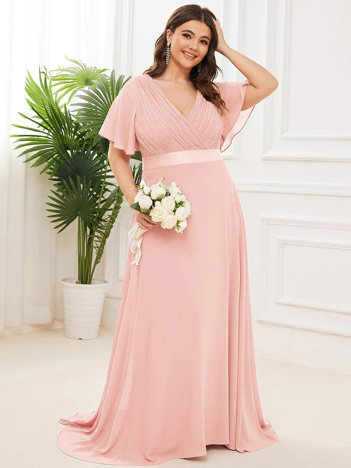Plus Size Empire Waist V Back Bridesmaid Dress with Short Sleeves/Evening Dresses