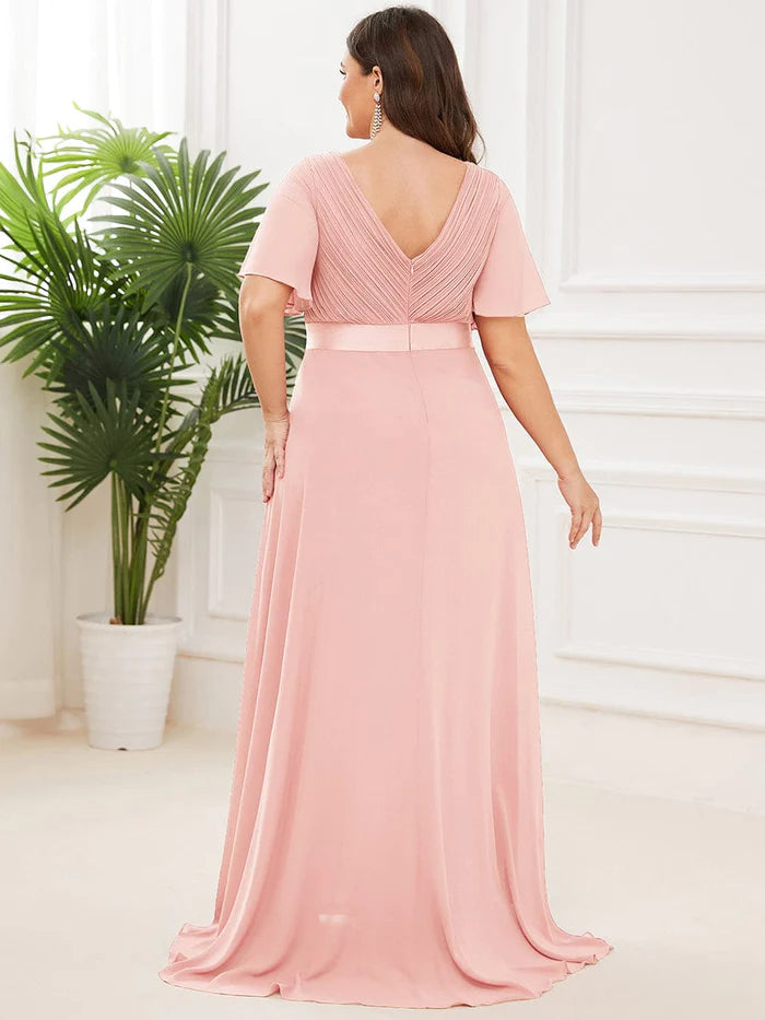 Plus Size Empire Waist V Back Bridesmaid Dress with Short Sleeves/Evening Dresses