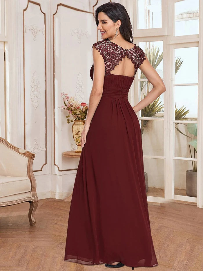 Elegant Lace Cap Sleeve Maxi Long Chiffon Bridesmaid Dress/Evening  Dresses