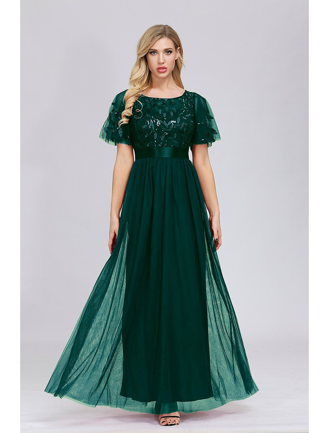 A-Line Empire Elegant Party Wear Prom Dress Jewel Neck Short Sleeve Floor Length Tulle with Embroidery / Illusion Sleeve