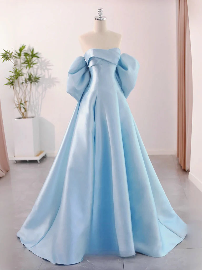 Buyishang A-Line Sweetheart Neck Satin Blue Long Prom Dress Blue Long Formal Dress