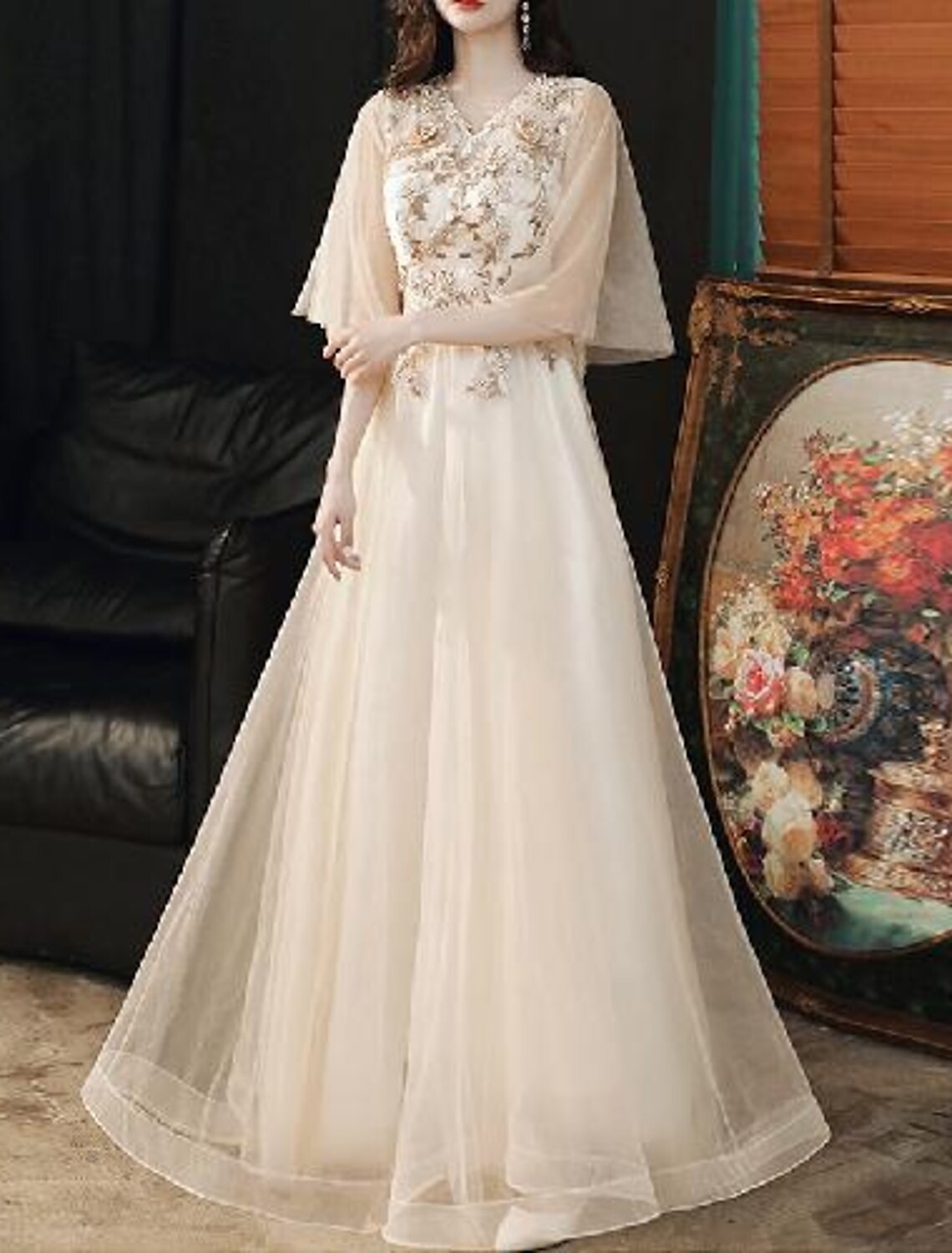A-Line Prom Dresses Cute Dress Valentine's Day Wedding Guest Floor Length Half Sleeve V Neck Tulle with Beading Appliques