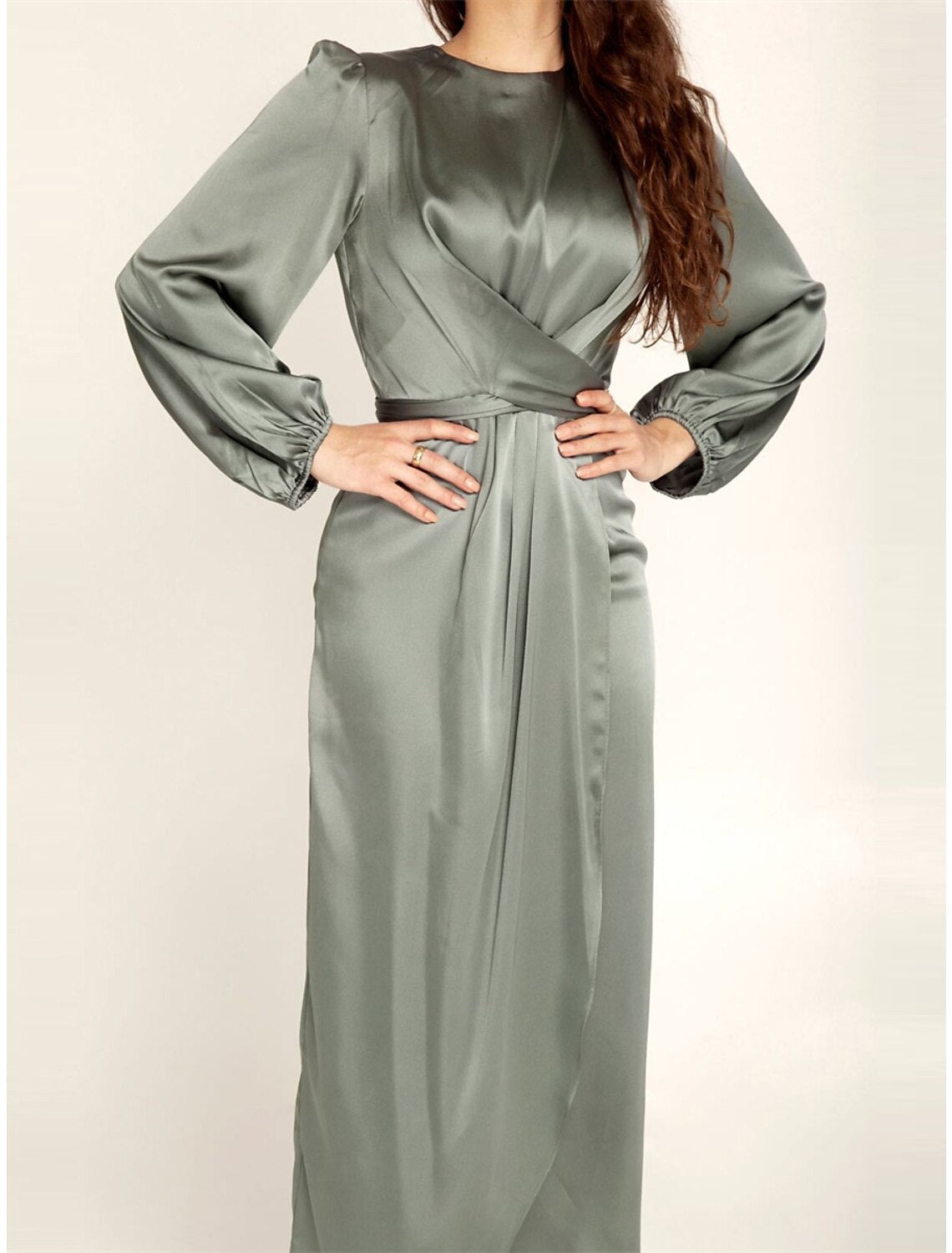 Women's Black Dress Party Dress Satin Dress Midi Dress Black Pink Blue Long Sleeve Pure Color Knot Front Spring Fall Winter Crew Neck Fashion Winter Dress Wedding Guest Birthday