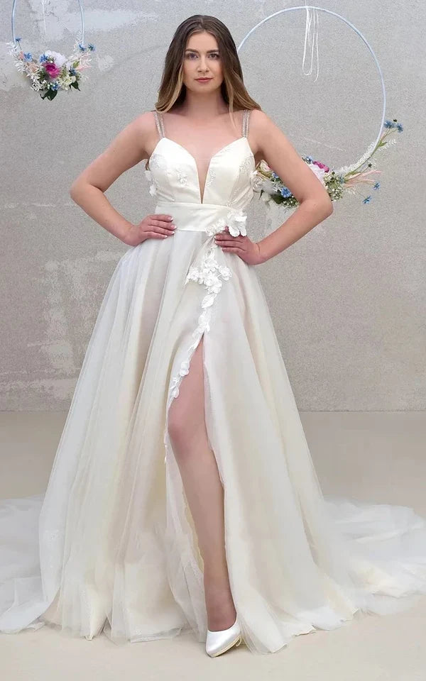 Buyishang Ethereal A Line Floor-length Sleeveless Tulle Wedding Dress with Split Front