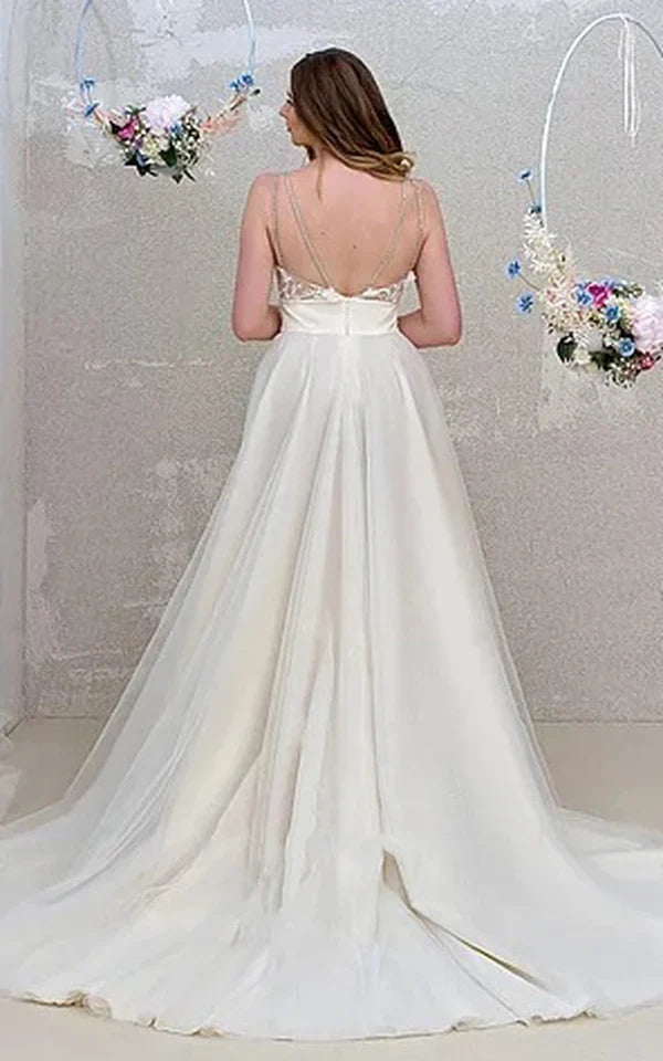 Buyishang Ethereal A Line Floor-length Sleeveless Tulle Wedding Dress with Split Front