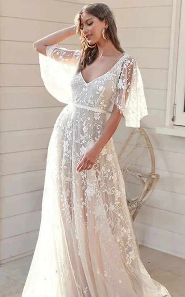 Buyishang A-Line Short Bell Sleeve Wedding Dress With Garden Floral Lace Deep-V Back
