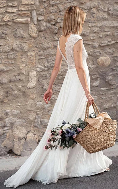 Buyishang Ethereal Chiffon Lace V-neck A Line Short Sleeve Wedding Dress with Low-V Back