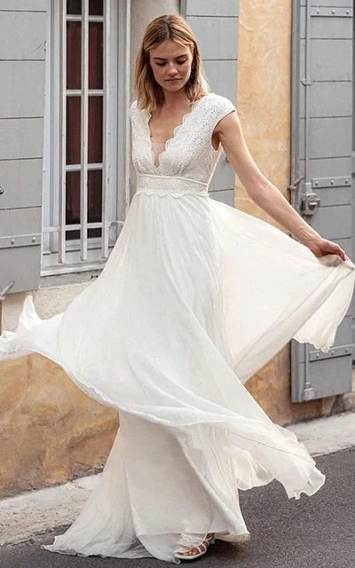 Buyishang Ethereal Chiffon Lace V-neck A Line Short Sleeve Wedding Dress with Low-V Back