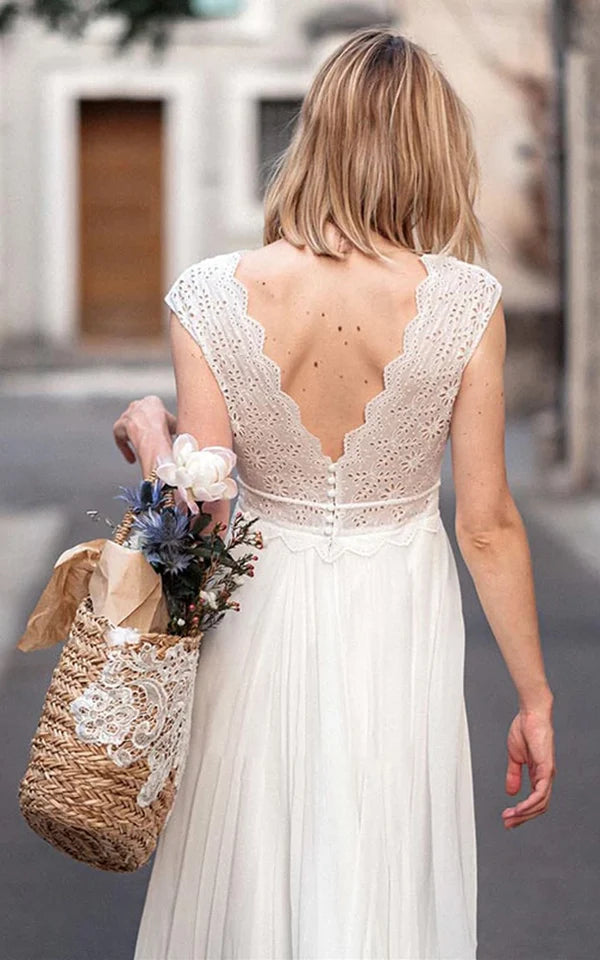 Buyishang Ethereal Chiffon Lace V-neck A Line Short Sleeve Wedding Dress with Low-V Back