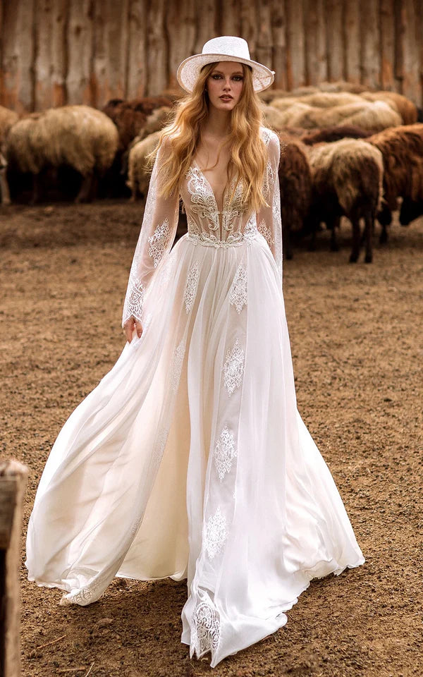 Buyishang A-Line Boho Lace Wedding Dress with Sleeves Plunging Neckline Sweep Train