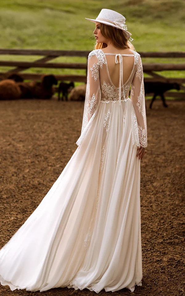 Buyishang A-Line Boho Lace Wedding Dress with Sleeves Plunging Neckline Sweep Train