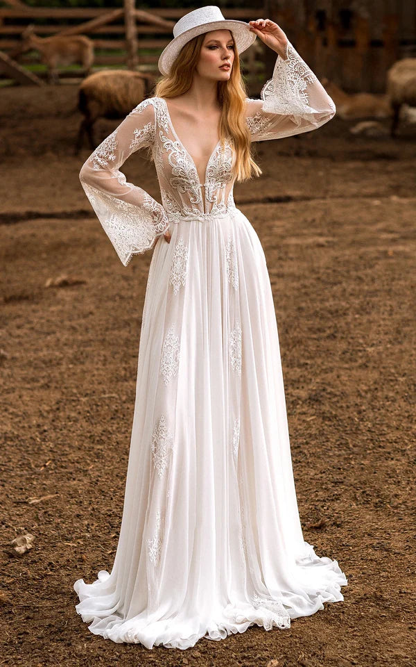 Buyishang A-Line Boho Lace Wedding Dress with Sleeves Plunging Neckline Sweep Train
