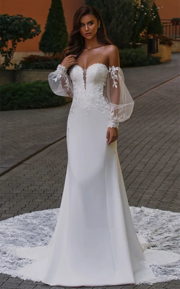 Buyishang Ethereal Mermaid Plunging Neck Chiffon Tulle Wedding Dress with Appliques