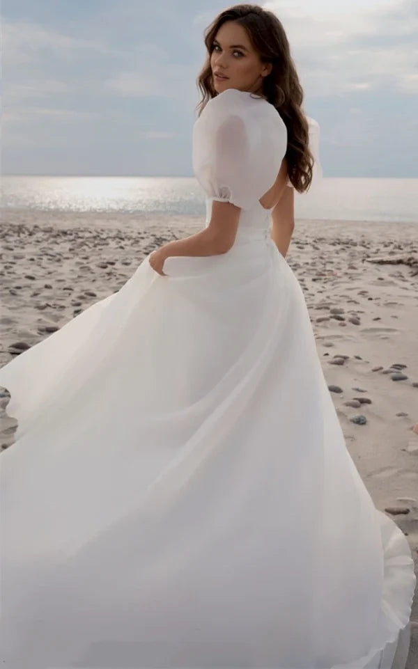 Buyishang Ethereal Scoop A Line Chiffon Court Train Wedding Dress with Ruching