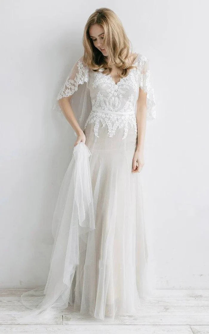 Buyishang Ethereal V-Neck Bat Sleeve Tulle Dress With Pleats And Appliques