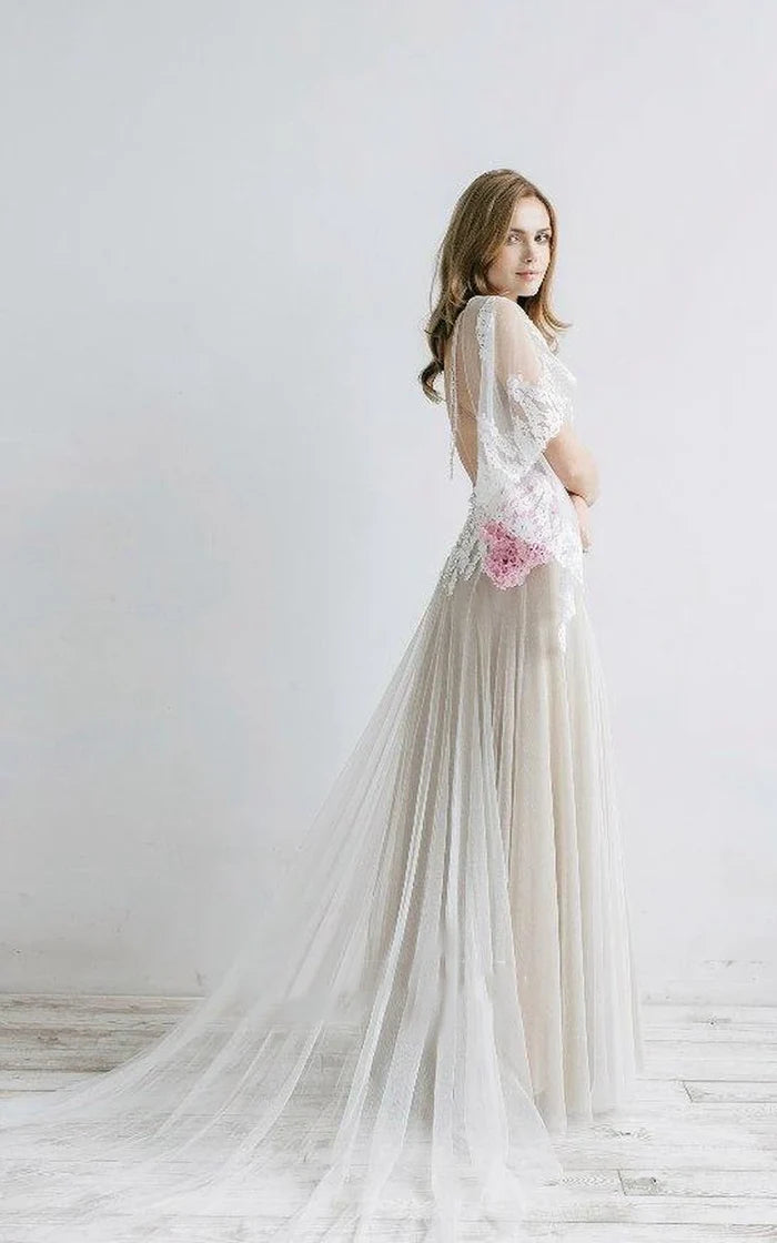 Buyishang Ethereal V-Neck Bat Sleeve Tulle Dress With Pleats And Appliques