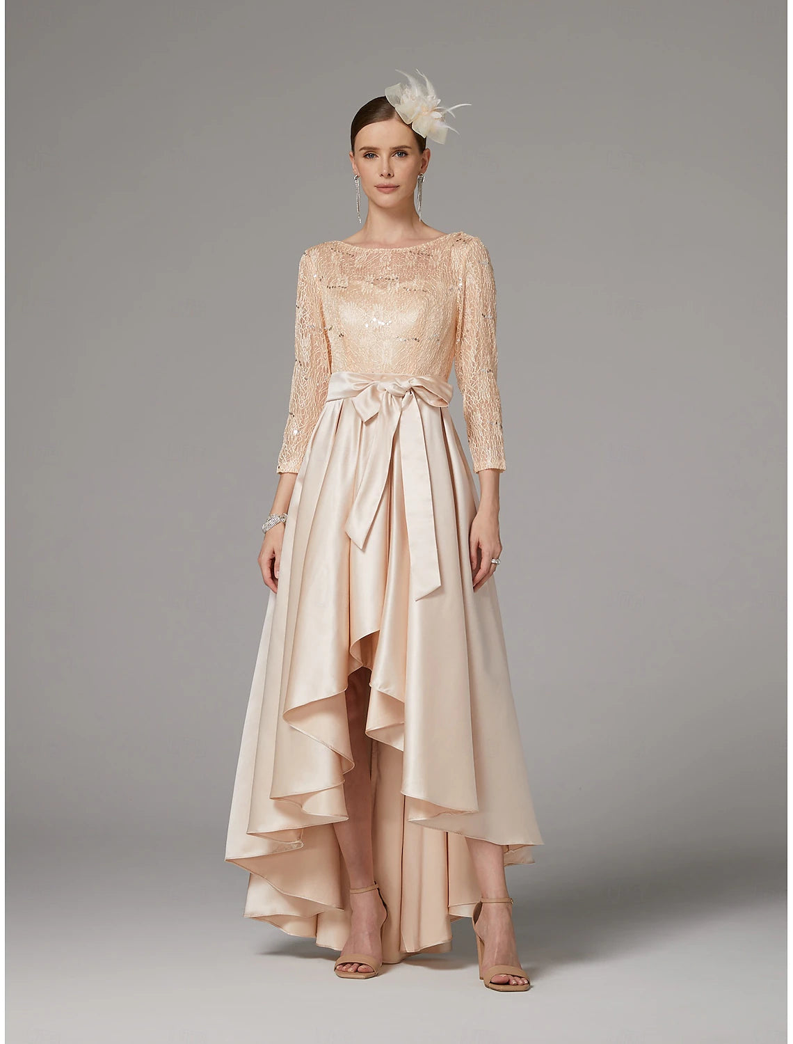 Buyishang A-Line Dress Mother of the Bride Dress Elegant Plus Size High Low Jewel Neck Asymmetrical Satin Lace 3/4 Length Sleeve with Sash / Ribbon Appliques