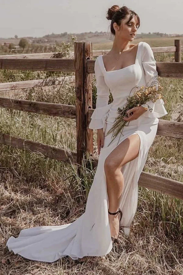 Buyishang White Square Neck Long Sleeve Long Wedding Dress with Slit