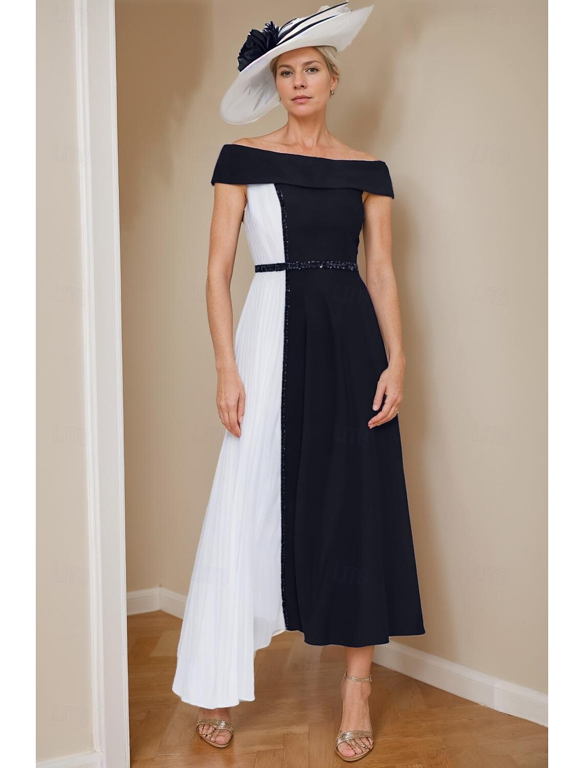 Buyishang A-Line Mother of the Bride Dress Formal Wedding Guest Elegant V Neck Tea Length Chiffon Short Sleeve with Sash / Ribbon Color Block free custom size