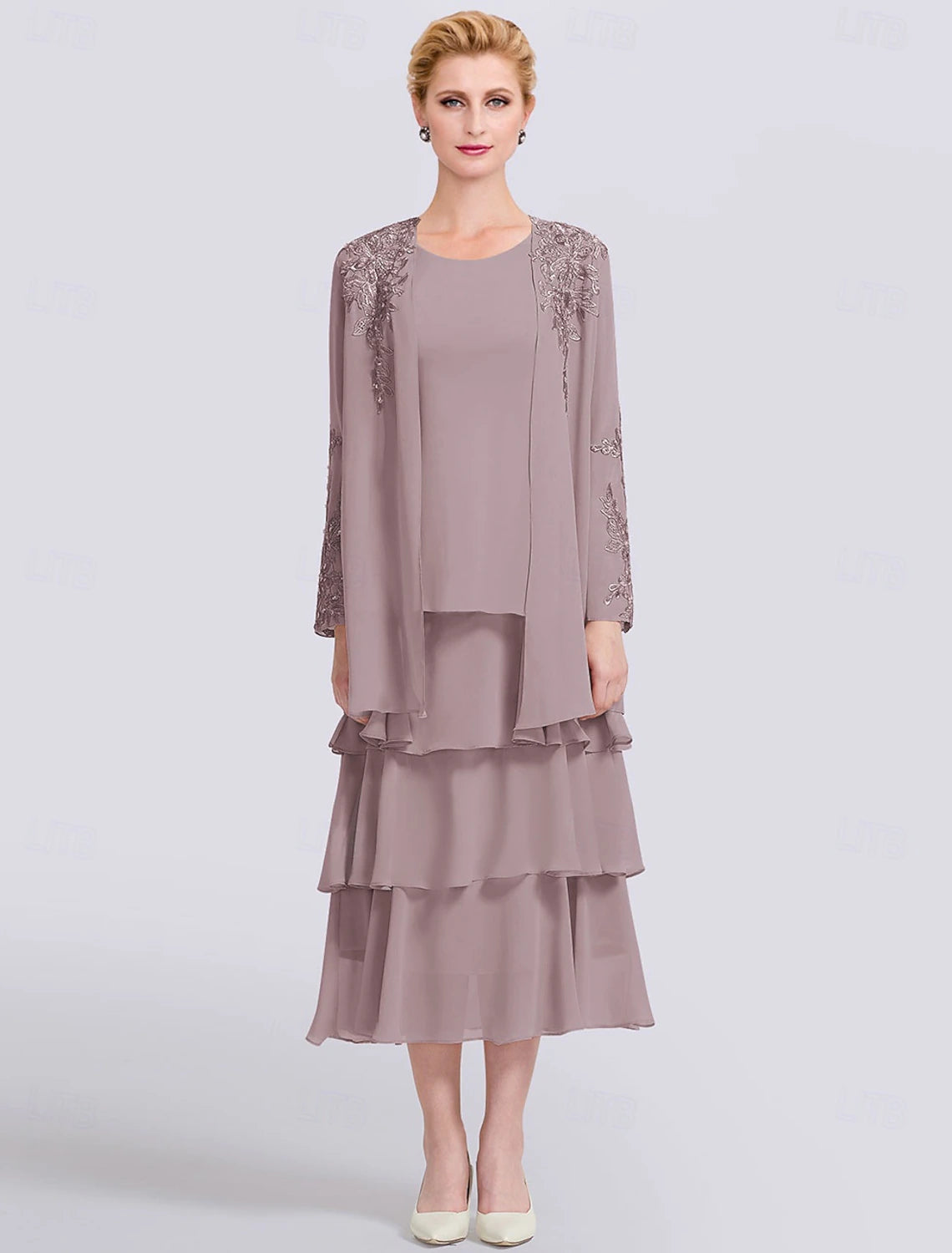 Buyishang Two Piece A-Line Mother of the Bride Dress Elegant Simple Jewel Neck Tea Length Lace Stretch Chiffon Long Sleeve Wrap Included Jacket Dresses with Appliques Solid Color free custom size