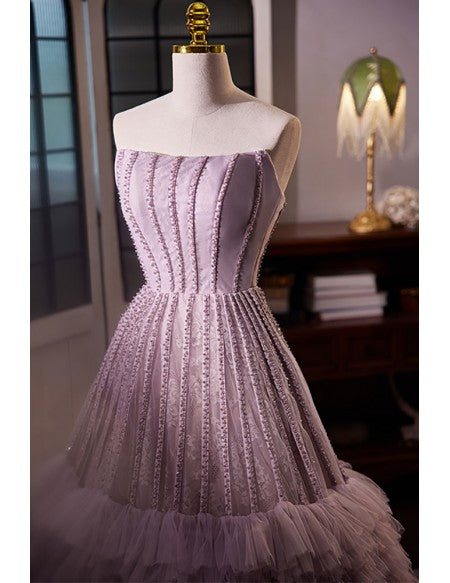Unique Light Purple Strapless Prom Dress with Ruffles